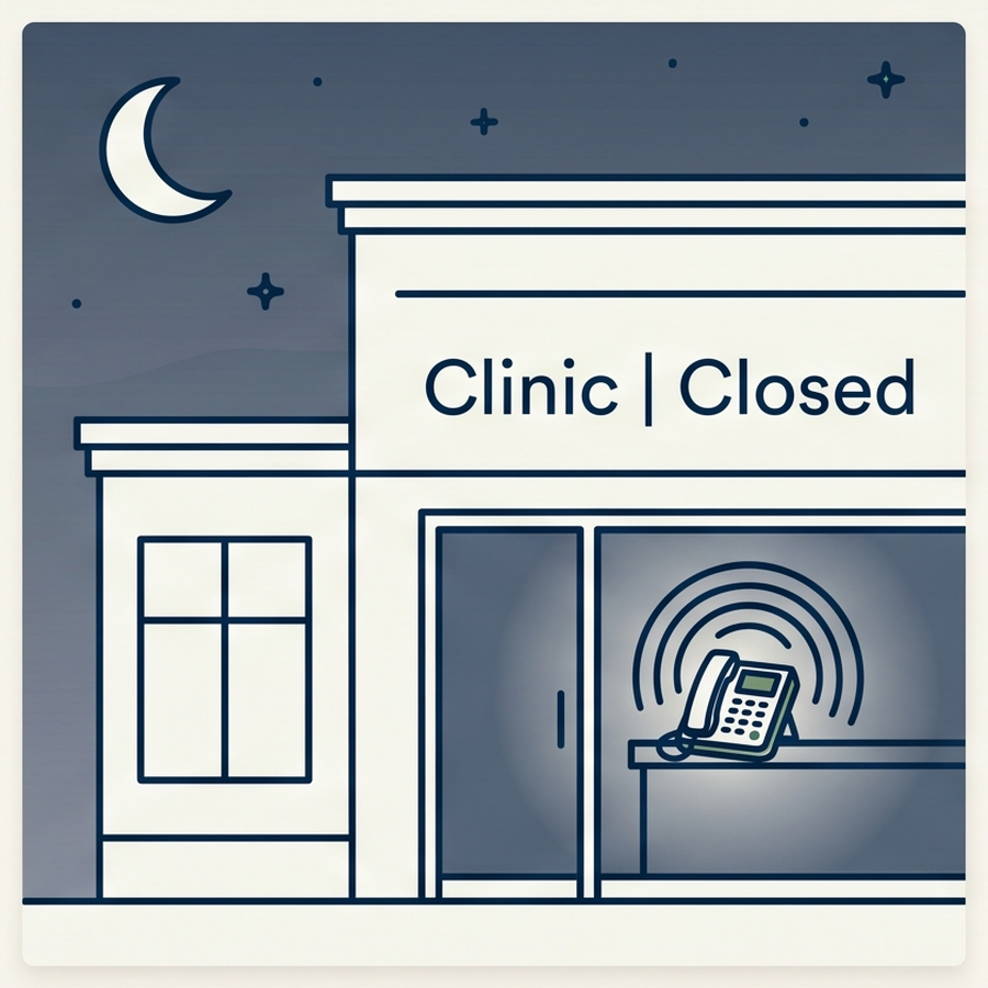 Clinic storefront closed at night with a Clinic Closed sign, phone ringing inside