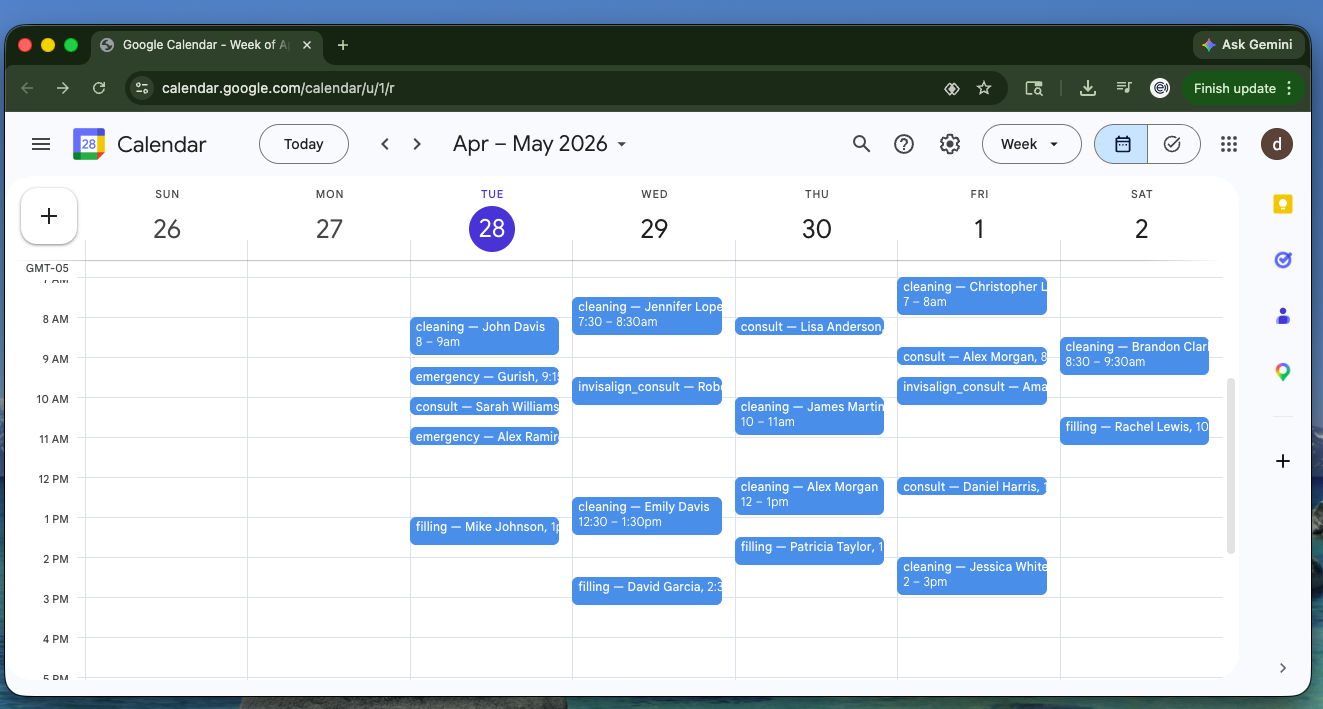 Google Calendar week view with cleanings, consults, fillings, and emergency appointments booked by the AI