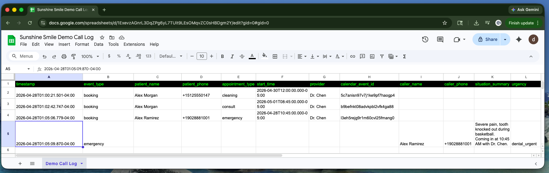Google Sheets call log with timestamp, event type, patient, appointment type, provider, and situation summary