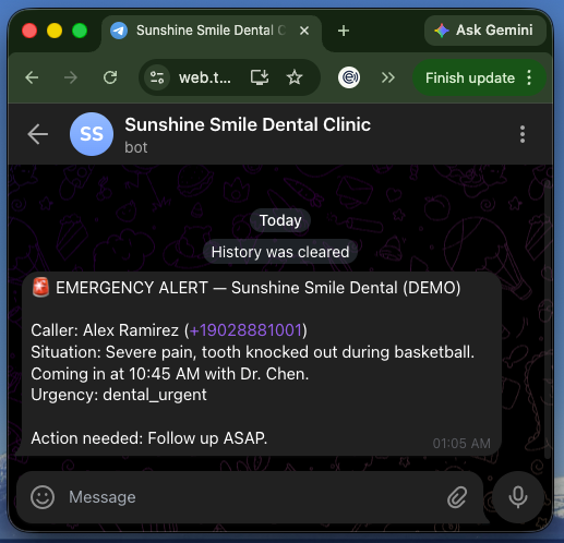 Telegram emergency alert from the AI receptionist with caller, situation summary, and urgency tag